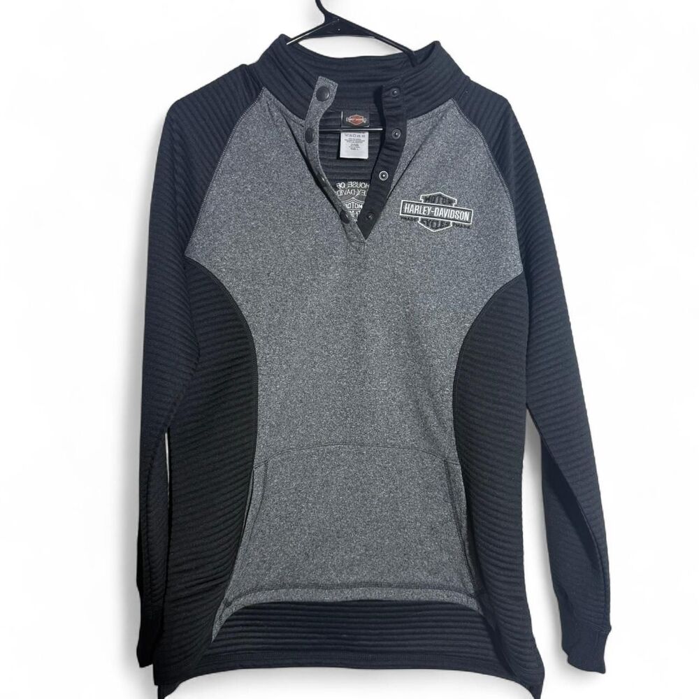 Harley Davidson men's charcoal and black 1/4 snap-up athletic sweatshirt Size L - Picture 2 of 7